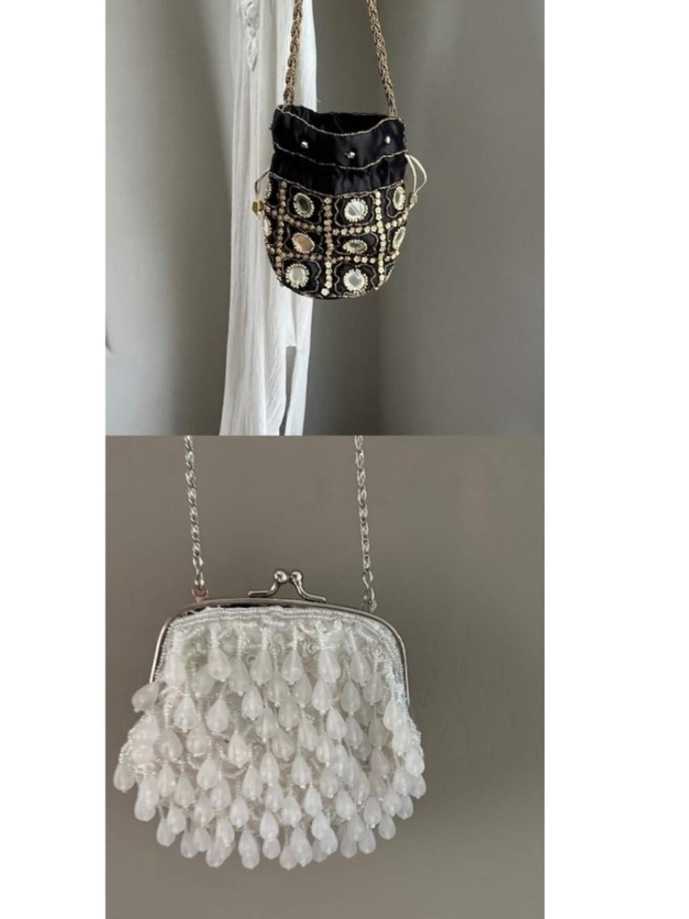 Bundle of 2 - Black Mirror Bucket Bag & Ivory Beaded Kiss-Lock Bag